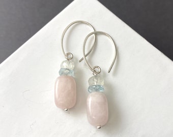 Silver gemstone dangle earrings, rose quartz, moonstone, aquamarine