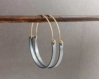 Mixed metal hoop earrings, oxidized silver and gold two tone hoops