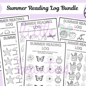 May include: A set of four printable summer reading logs. Each log features a different summer theme: sea creatures, camping, fruit, and frozen treats. Each log has a black and white illustration to color in for every 30 minutes of reading.