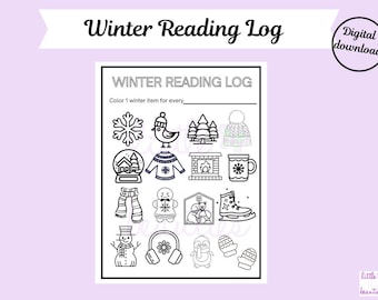 Può includere: Un registro di lettura invernale stampabile in bianco e nero con un titolo che dice "Winter Reading Log". Il registro ha 16 immagini a tema invernale da colorare, tra cui un fiocco di neve, un uccello, un pupazzo di neve, un pinguino e un paio di guanti.
