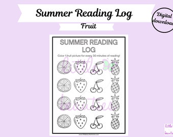 Könnte beinhalten: Ein schwarz-weißes, druckbares Sommer-Leselogbuch mit einem Frucht-Thema. Das Logbuch enthält Bilder von Orangen, Erdbeeren, Kirschen und Ananas. Färbe ein Fruchtbild für jeweils 30 Minuten Lesezeit.