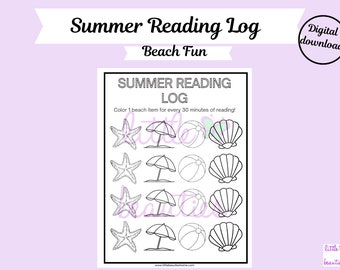 Könnte beinhalten: Ein schwarz-weißes druckbares Sommerleselogbuch mit Strandthema. Das Logbuch hat einen Titel, der "Summer Reading Log" und "Beach Fun" lautet. Es enthält Bilder von einem Seestern, einem Sonnenschirm, einem Strandball und einer Muschel. Die Anweisungen lauten: "Färbe 1 Strandgegenstand für jeweils 30 Minuten Lesen!"