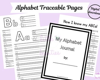 Puede incluir: Páginas de trazado de alfabeto imprimibles en blanco y negro para niños. Las páginas presentan letras mayúsculas y minúsculas con líneas punteadas para trazar. La página de portada dice "Mi diario del alfabeto" y "¡Ahora conozco mi ABC!"