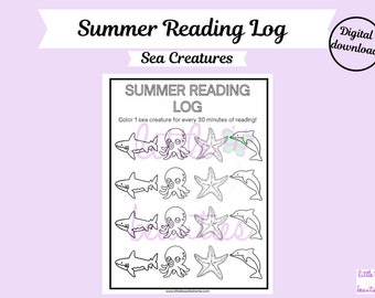 Könnte beinhalten: Ein schwarz-weißes druckbares Sommerlesetagebuch mit Meeresbewohnern. Das Tagebuch hat einen Titel, der "Summer Reading Log" und "Sea Creatures" lautet. Das Tagebuch hat vier Reihen von Meeresbewohnern: einen Hai, einen Oktopus, einen Seestern und einen Delfin. Der Text unter den Meeresbewohnern lautet: "Color 1 sea creature for every 30 minutes of reading!"
