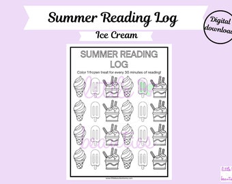 Könnte beinhalten: Ein schwarz-weißes druckbares Sommer-Leselogbuch mit einem Eiscreme-Thema. Färbe einen Eisbecher, einen Eis am Stiel oder eine Eiswaffel für jeweils 30 Minuten Lesen ein. Der Text lautet "Summer Reading Log" und "Färbe 1 gefrorenen Leckerbissen für jeweils 30 Minuten Lesen ein!"