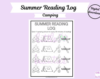Könnte beinhalten: Schwarzweißes, druckbares Sommerleselogbuch mit Camping-Thema. Das Logbuch enthält vier Reihen von Campingbildern zum Ausmalen: ein Zelt, ein Lagerfeuer und ein Kanu. Der Text "Summer Reading Log" und "Camping" befindet sich oben auf der Seite. Der Text "Color 1 camping picture for every 30 minutes of reading!" befindet sich unter dem Titel.