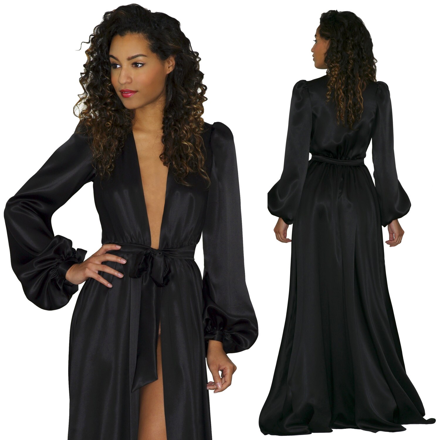 Simone 100 silk robe black silk satin floorlength robes Etsy