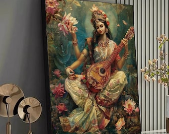 Goddess Saraswati Canvas Wall Art, Indian Mythology Painting, Spiritual Music Art, Hindu Deity Decor, Lotus Floral Background, Ready to Hang