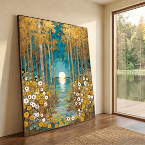 May include: A large rectangular wall art piece featuring a textured forest scene with tall golden trees, a bright white moon reflecting on a central blue body of water, and a dense foreground of yellow and white flowers with green foliage.