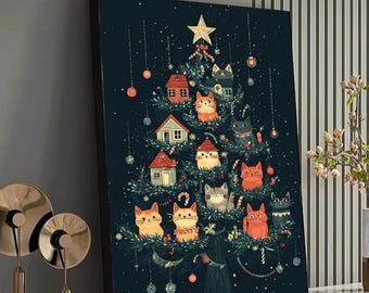 May include: A whimsical Christmas tree art print featuring cartoon cats and small houses. The artwork is set against a dark blue background with a star on top. The cats are in various colors, and the houses are red and green.