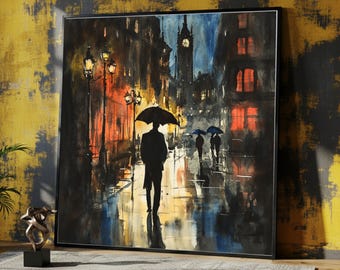 Quadro su tela raffigurante una scena di strada in una città piovosa, arte urbana notturna, sagome di ombrelli su tela, arte murale raffigurante un paesaggio urbano suggestivo, riflessi sull'acqua bagnata