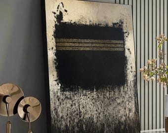 Kaaba Abstract Islamic Wall Art, Minimal Black Gold Arabic Calligraphy Canvas Print, Modern Muslim Home Decor