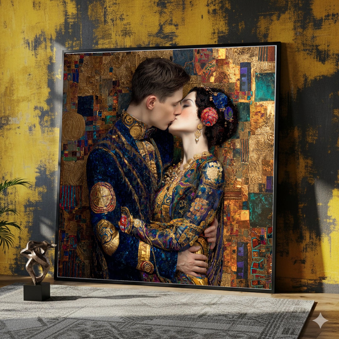 Gustav Klimt Kiss Canvas Wall Art, Romantic Couple Painting, Gold ...