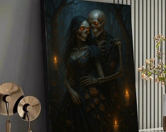 Gothic Skelett Paar Leinwand Wandkunst, romantische Dark Fantasy Decor, Verwunschene Liebesszene, Halloween Dekoration, stimmungsvolles Kerzenlicht