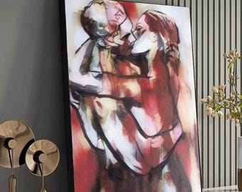 Abstract Couple Embrace Canvas, Romantic Wall Art, Intimate Lover Painting, Modern Expressionist Canvas, Passionate Home Decor