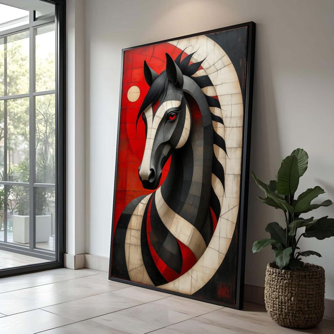 Abstract Black and White Horse Canvas, Modern Geometric Animal Wall Art ...