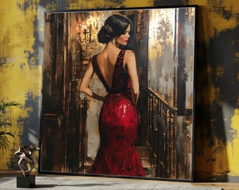 May include: A framed canvas art print depicts a woman in a red sequined gown, standing on a staircase. The artwork features a dark background with gold and brown tones, and the woman is facing away from the viewer.