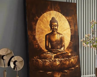 Golden Buddha Statue Canvas, Meditating Buddha Wall Art, Zen Spiritual Decor, Lotus Flower Sacred Art, Meditation Room Canvas