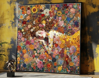 Dreaming in Bloom Canvas Wall Art, Surreal Floral Woman Portrait, Colorful Abstract Garden Decor, Whimsical Canvas,Gustav Klimt Style Canvas
