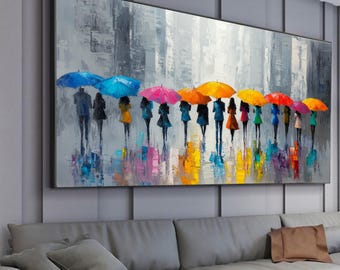 Stampa su tela con scena di strada con ombrelli colorati, dipinto astratto di persone in città sotto la pioggia, arredamento moderno per la casa in stile urbano, idea regalo.