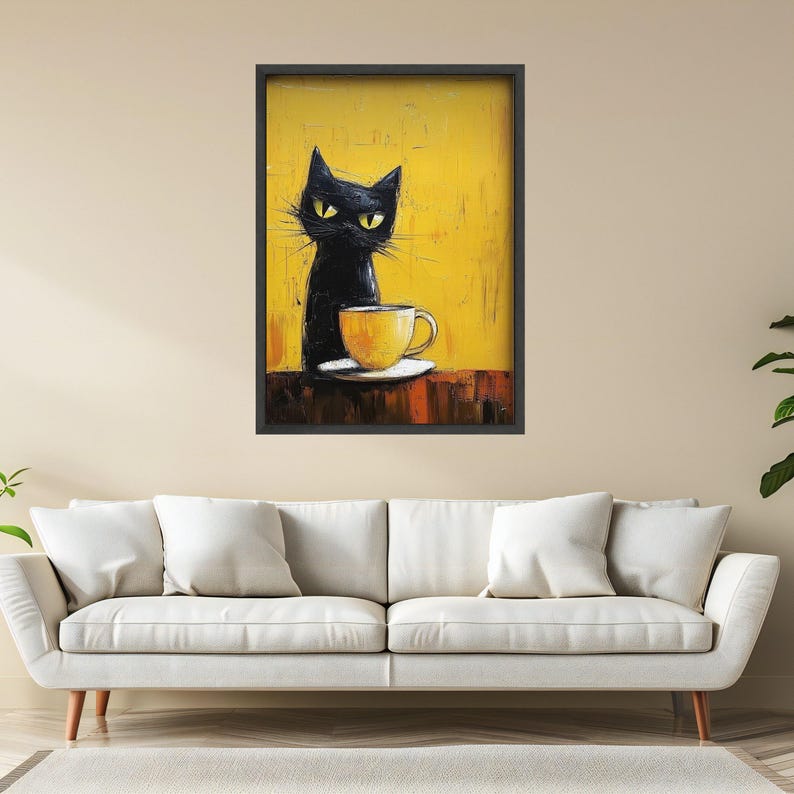 Gatto nero con tazza da caffè gialla su tela, stravagante opera d'arte murale, dipinto moderno di gatti, tela astratta di animali, accogliente arredamento per la casa, pronta da appendere immagine 5