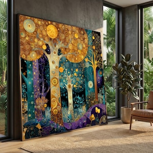 May include: Large framed art print depicting a stylized forest scene. The artwork features trees with gold and yellow circular patterns against a backdrop of teal, purple, and black. The piece is displayed in a modern living space with natural light.