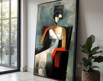 Modern Abstract Woman Portrait Canvas, Cubism Style Wall Art, Contemporary Figurative Painting, Geometric Shapes Canvas Decor, Bold Color