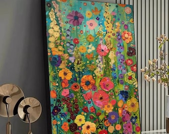 Gustav Klimt Canvas,Vibrant Wildflower Garden Canvas, Colorful Floral Wall Art, Abstract Nature Painting, Spring Meadow Canvas Decoration
