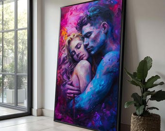 Romantische omhelzing canvas muurkunst, paar schilderij, moderne abstracte liefdeskunst, emotioneel portret canvas, intiem huisdecoratie