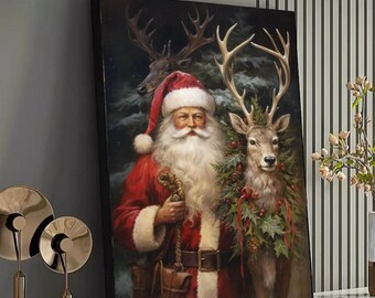 Santa Claus with Reindeer Canvas, Christmas Holiday Wall Art, Festive Winter Decoration, Seasonal Canvas Print, Holiday Home Decor