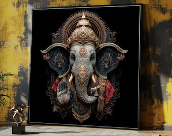 Ornate Ganesha Elephant Canvas Wall Art, Hindu God Decor, Intricate Gold Embellished Indian Spiritual Artwork, Mythological Canvas Print,