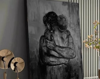 Embrace of Love, Black and White Canvas, Emotional Hug Wall Art, Intimate Couple Painting, Modern Expressionist Canvas, Romantic Home Decor