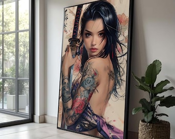 Fierce Samurai Woman Canvas, Tattoo Art Wall Decor, Asian Warrior Portrait, Oriental Sword Canvas, Modern Ink Tattoo Design, Ready to Hang