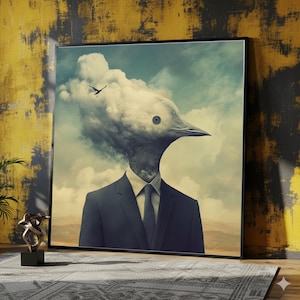 May include: Framed art print featuring a surreal image of a person with a bird's head made of clouds, wearing a suit and tie. A bird flies in the cloudy sky. The artwork has a vintage, dreamlike quality.