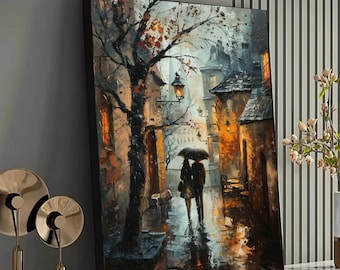 Romantic Rainy Evening, Couple Under Umbrella Canvas, Urban Street Scene Art, Cozy Cityscape Wall Decor, Impressionist Canvas Painting