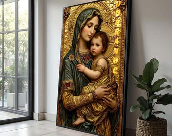 May include: A framed religious artwork in gold and green tones, featuring a woman and child. The woman wears a green robe and gold head covering, holding the child. The background is ornate with gold detailing and text.