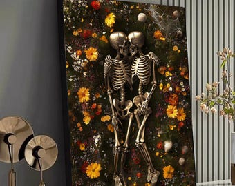 Tela con scheletri d'amore eterno, romantica decorazione floreale da parete per cimitero, decorazione gotica per la casa, stampa artistica di coppia unica