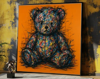 Abstract Teddy Bear Canvas Wall Art, Colorful Kids Room Decor, Modern Nursery Canvas, Playful Animal Art, Vibrant Home Decoration