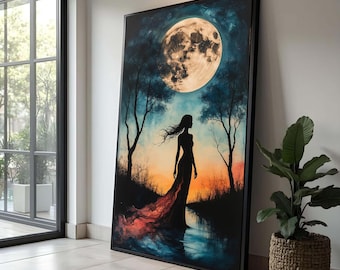 Enchanted Moonlit Night, Silhouette Woman Canvas, Mystical Landscape Wall Art, Ethereal Forest Scene, Atmospheric Home Decoration