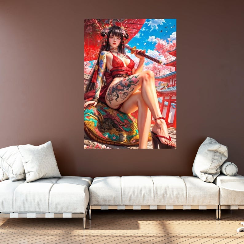 Lienzo de guerrera geisha japonesa, arte de flor de cerezo Sakura, mujer tatuada con katana, decoración de pared con kimono rojo, arte asiático en lienzo imagen 4