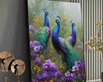 Quadro su tela con trio di pavoni vivaci, uccelli colorati e dipinti floreali da giardino, decorazione naturale con animali selvatici, elegante decorazione da parete per la casa