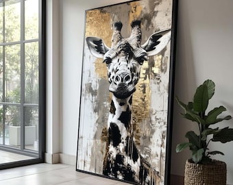 Ritratto di giraffa maestosa su tela, arte murale raffigurante la fauna selvatica africana, dipinto di animali moderni, sfondo con texture dorata, tela con decorazioni safari, pronta per