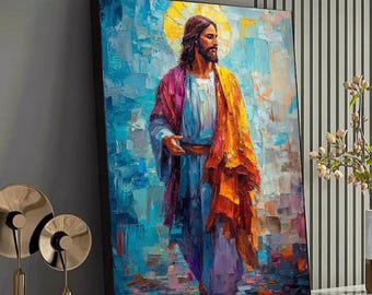 Könnte beinhalten: Gerahmter Leinwanddruck, der eine religiöse Figur mit Heiligenschein darstellt. Das Kunstwerk zeigt eine lebendige Palette aus Blau-, Lila- und Orangetönen mit sichtbaren Pinselstrichen. Die Figur ist in farbenfrohe Gewänder gehüllt, vor einem strukturierten Hintergrund.