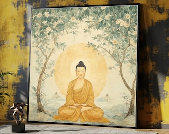Serene Buddha Meditation Canvas, Zen Wall Art, Spiritual Home Decor, Tranquil Buddha Portrait, Floral Tree Background, Yoga Room Canvas Art