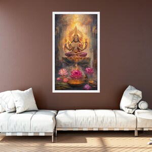 Radiant Hindu Goddess Canvas Wall Art, Lakshmi Sitting on Lotus, Spiritual Divine Painting, Meditation Decor, Bohemian Sacred Art Print image 7