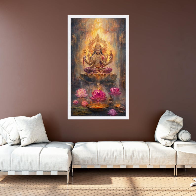 Radiant Hindu Goddess Canvas Wall Art, Lakshmi Sitting on Lotus, Spiritual Divine Painting, Meditation Decor, Bohemian Sacred Art Print image 7