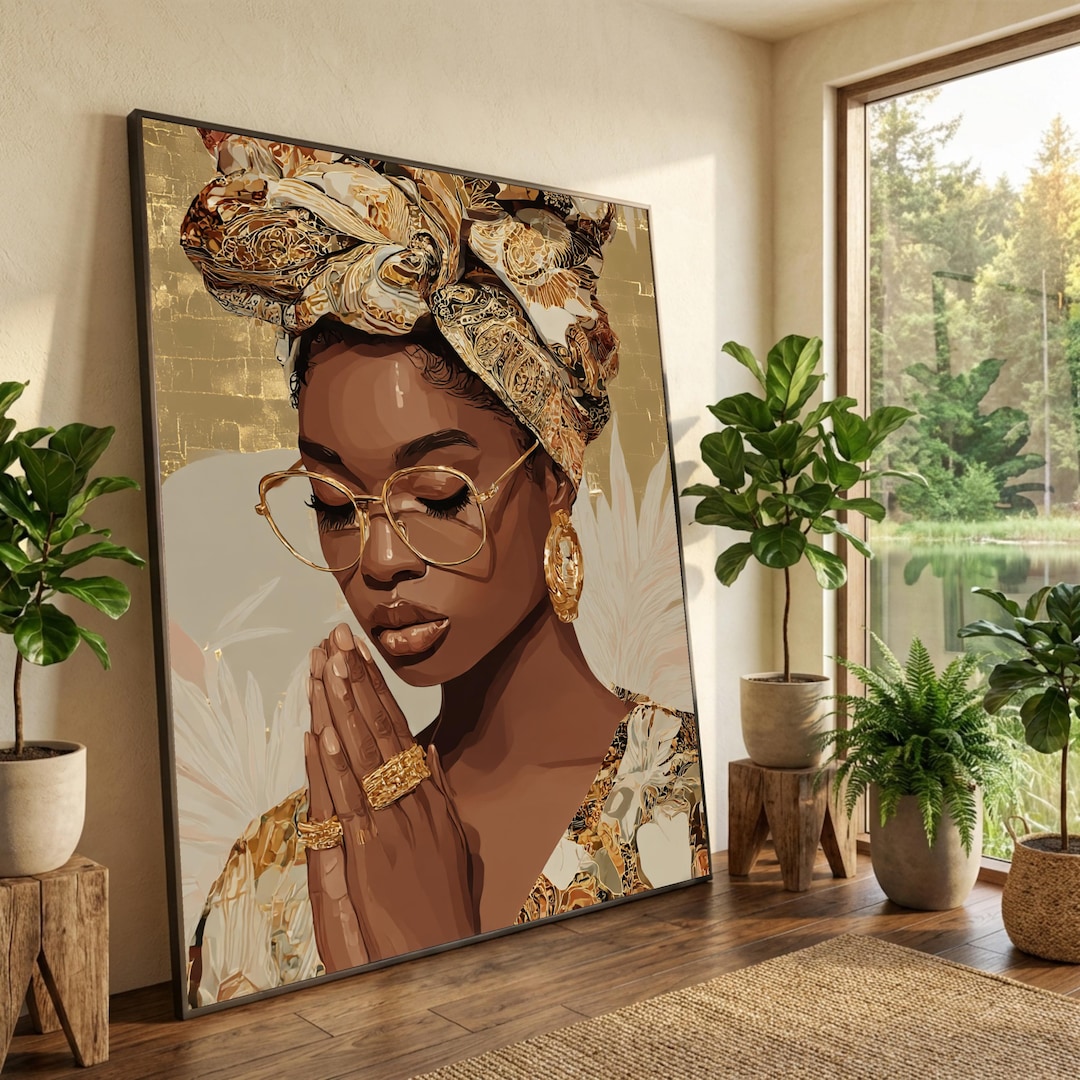 Elegant African Woman Canvas Wall Art, Gold Headwrap and Jewelry ...