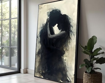 Romantic Couple Embrace Canvas, Abstract Lovers Wall Art, Intimate Silhouette Painting, Modern Relationship Decor, Emotional Canvas Art