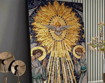 Heilige Geest mozaïek canvas muurkunst, religieuze duif en engelen canvas, spiritueel christelijk decor, gouden lichtstralen artwork, heilig huis