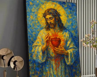 Impression sur toile d'art mural chrétien sacré-coeur de jésus, couronne d'épines portrait du Christ biblique religieux catholique foi décoration d'intérieur